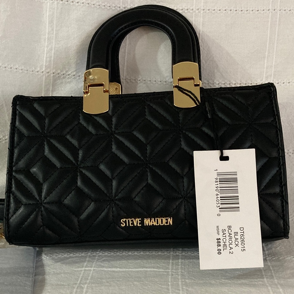 Steve Madden Black Quilted Satchel with Gold Accents